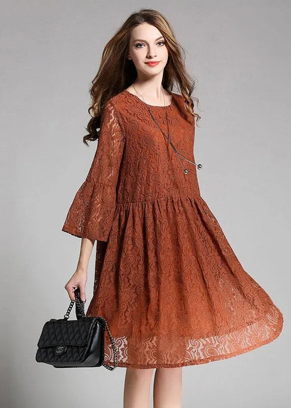 Vintage Chocolate Hollow Out Embroideried Patchwork Spring Three Quarter Sleeve Spring Dresses