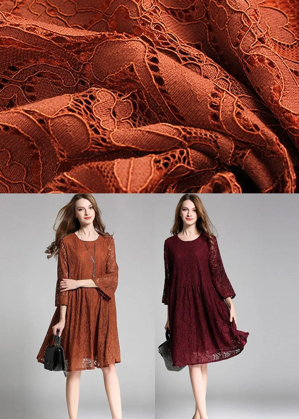 Vintage Chocolate Hollow Out Embroideried Patchwork Spring Three Quarter Sleeve Spring Dresses