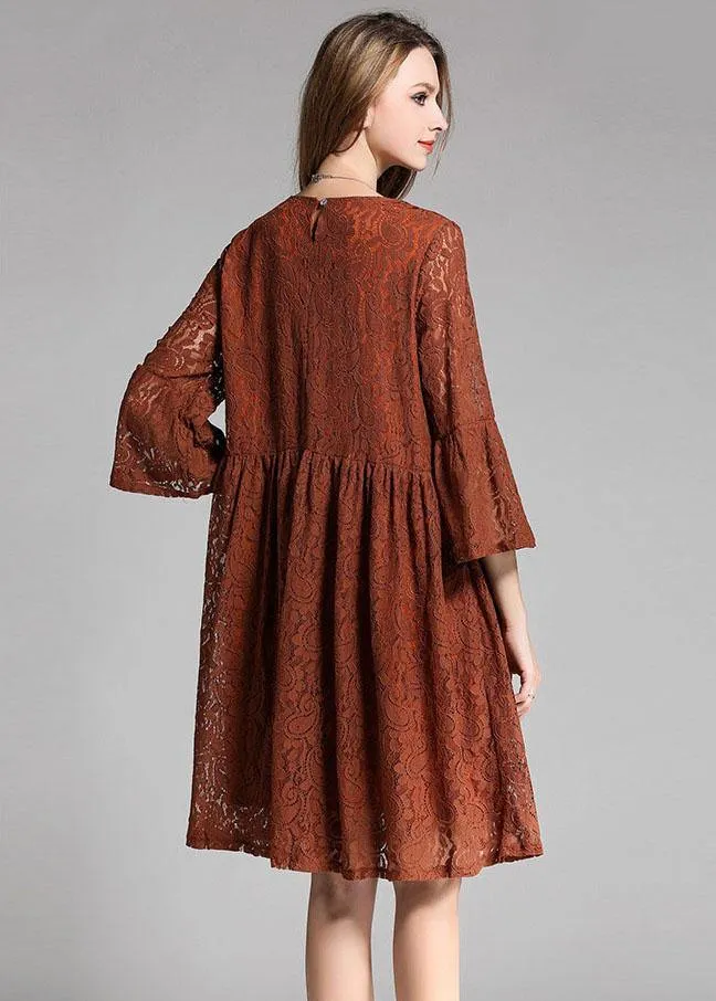 Vintage Chocolate Hollow Out Embroideried Patchwork Spring Three Quarter Sleeve Spring Dresses