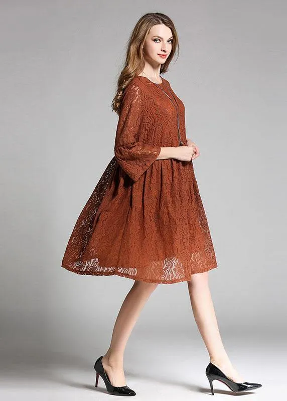 Vintage Chocolate Hollow Out Embroideried Patchwork Spring Three Quarter Sleeve Spring Dresses