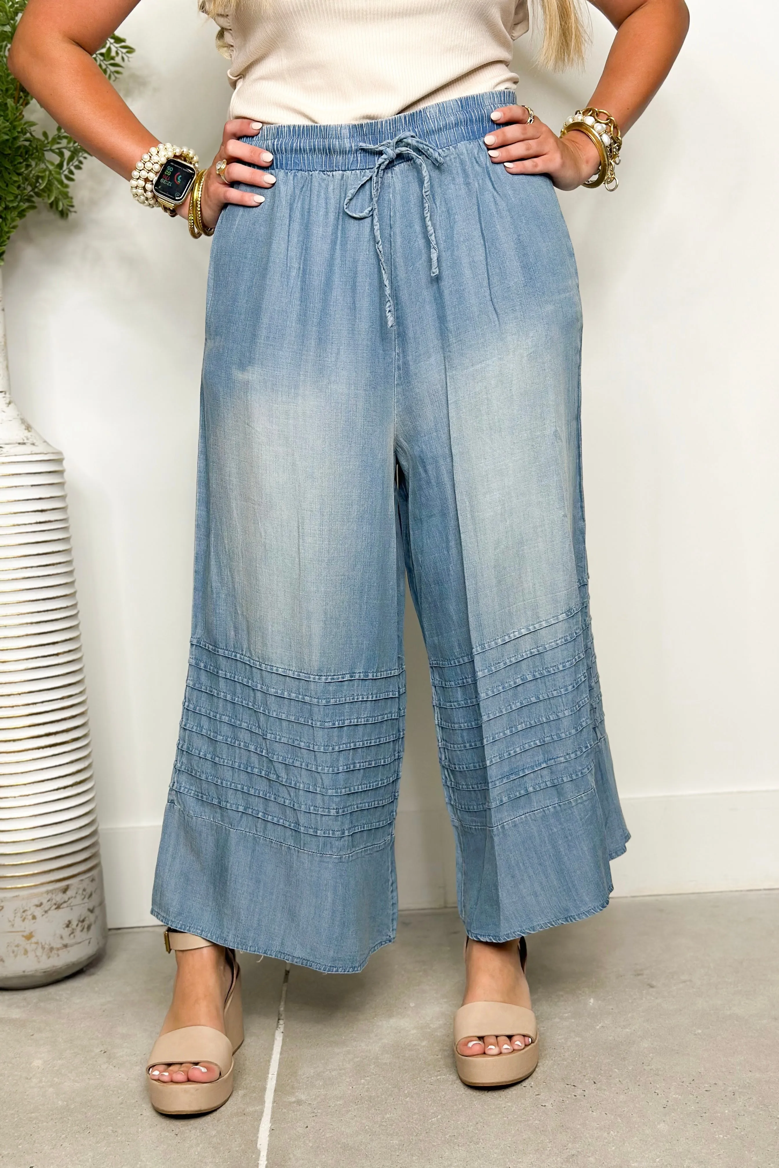 Washed Denim Pinktuck Wide Leg Pants