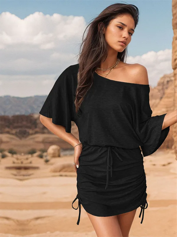 Women's Blouson Mini Dress with Batwing Sleeves and Gathered Waist