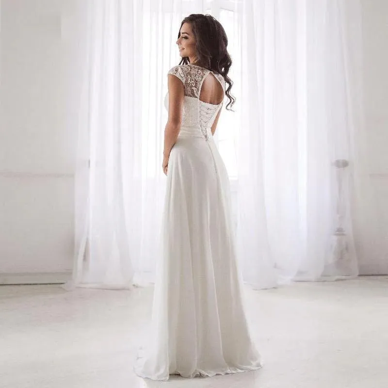 Women's Scoop Neck Chiffon Lace Wedding Dress | Plus Size Bridal Dress